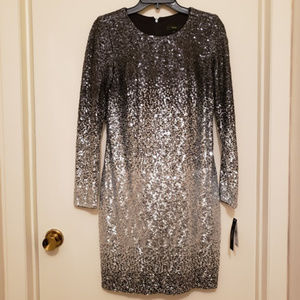 NWT sequin sheath dress, long slv, silver/blk, sz6